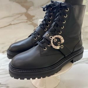 Jimmy Choo Cora Crystal Buckle Combat Boot 41
